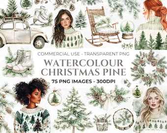 Puede incluir: Conjunto de clipart de pino navideño de acuarela con 75 imágenes. Incluye ilustraciones de ramas de pino, coronas, piñas, una mecedora, una bola de nieve, botas, un coche vintage y mujeres con suéteres con motivos de pinos.  USO COMERCIAL - PNG TRANSPARENTE - 300 DPI
