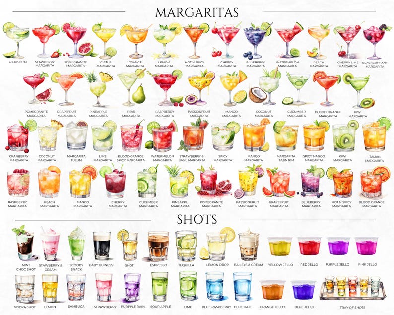 Puede incluir: Una ilustraci&oacute;n de acuarela de diferentes recetas de margaritas y chupitos. La imagen muestra una variedad de c&oacute;cteles coloridos con nombres como "Margarita de fresa", "Margarita de ar&aacute;ndano", "Margarita de naranja sanguina", "Chupito de tequila", "Lemon Drop" y "Frambuesa azul".