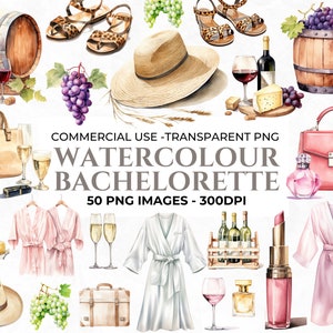 50 Aquarell Bachelorette Clipart, Hochzeit PNG, Weingut Clipart, Champagner, Junk Journal, Digital Craft, Kommerzielle Nutzung Clipart