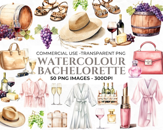 50 Watercolour Bachelorette Clipart, Wedding PNG, Winery Clipart, Wine PNG, Champagne, Junk Journal, Digital Craft, Commercial Use Clipart