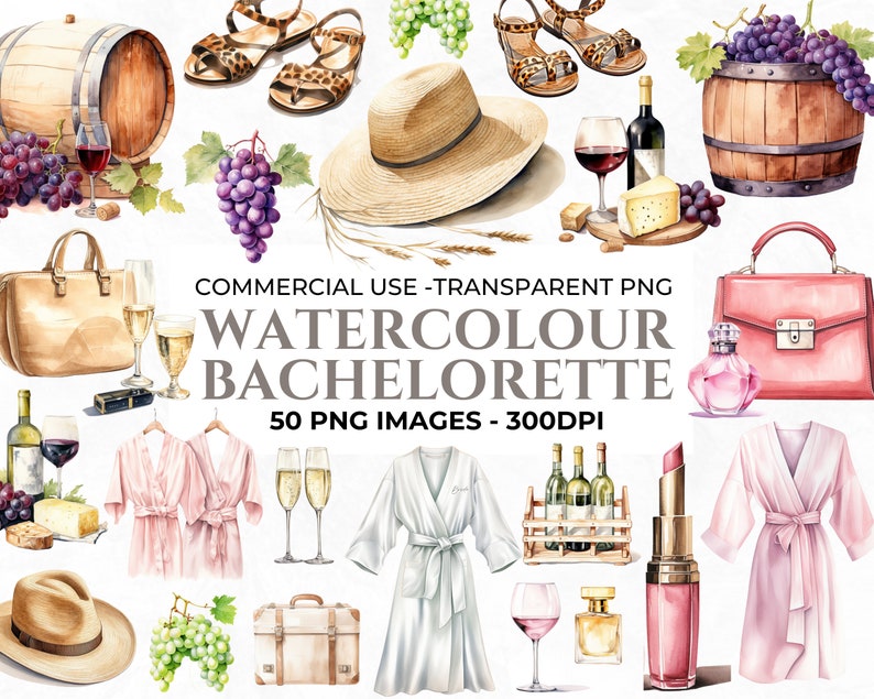 K&ouml;nnte beinhalten: Aquarell-Illustrationen zu einem Junggesellinnenabschied. Die Illustrationen zeigen ein Weinglas, eine Weinflasche, Trauben, ein Fass, einen Hut, Sandalen, eine Handtasche, einen Bademantel, Lippenstift, ein Parf&uuml;mfl&auml;schchen und einen Koffer. Der Text "COMMERCIAL USE - TRANSPARENT PNG WATERCOLOUR BACHELORETTE 50 PNG IMAGES - 300DPI" ist im Bild enthalten.