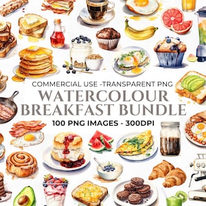100 Aquarell Frühstück Clipart, Elemente für Cafe Clipart, Menü Essen PNG, Mahlzeiten, Kaffee, Junk Journal PNG, kommerzielle Nutzung