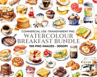 May include: A watercolor illustration set of 100 breakfast food images. The set includes images of pancakes, waffles, eggs, bacon, toast, coffee, tea, fruit, and more. The images are perfect for use in digital scrapbooking, card making, and other creative projects.