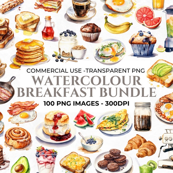 100 Watercolour Breakfast Clipart, Elements for Cafe Clipart, Menu Food PNG, Meals, Coffee, Junk Journal PNG, Commercial Use
