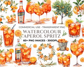 Clipart de Aperol Spritz de acuarela, clipart de frutas, cóctel PNG, corona de naranja de acuarela, clipart mediterráneo, clipart de uso comercial