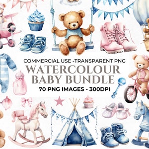 70 clipart per baby shower ad acquerello, clipart per bambina, pacchetto neonato, neonato, clipart per asilo nido ad acquerello, immagini per uso commerciale