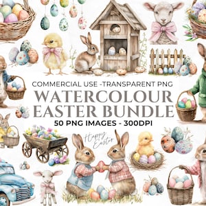 50 clipart de Páscoa em aquarela, PNG de coelhinho da Páscoa, Ovos de Páscoa, Junk Journal, Clipart de primavera, PNG de coelhinho, artesanato digital, clipart de uso comercial