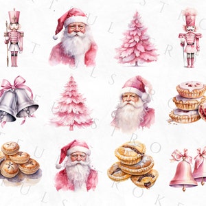 May include: Watercolor illustrations of Christmas-themed elements. The image features a pink nutcracker, Santa Claus, Christmas trees, bells, and pies. The artwork has a soft, watercolor style with a festive holiday theme.