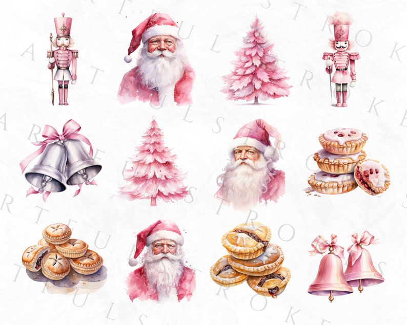 May include: Watercolor illustrations of Christmas-themed elements. The image features a pink nutcracker, Santa Claus, Christmas trees, bells, and pies. The artwork has a soft, watercolor style with a festive holiday theme.