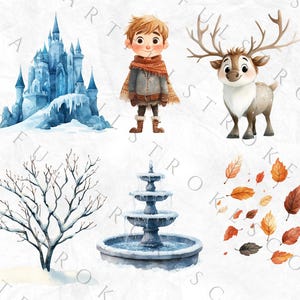 May include: A set of digital illustrations featuring a blue ice castle, a boy wearing a brown coat and hat, a reindeer, a bare tree with snow on the branches, a fountain with three tiers, and a scattering of orange and brown leaves.
