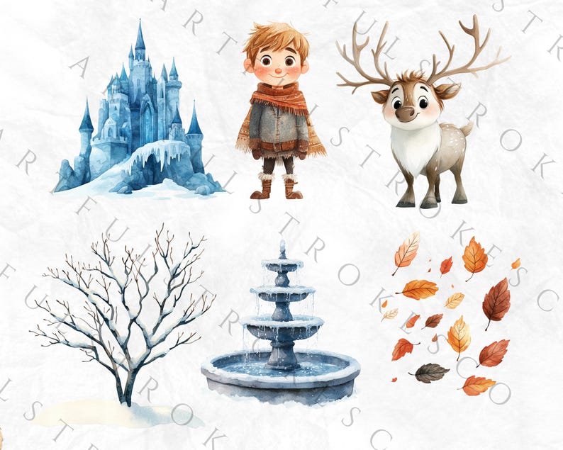 May include: A set of digital illustrations featuring a blue ice castle, a boy wearing a brown coat and hat, a reindeer, a bare tree with snow on the branches, a fountain with three tiers, and a scattering of orange and brown leaves.
