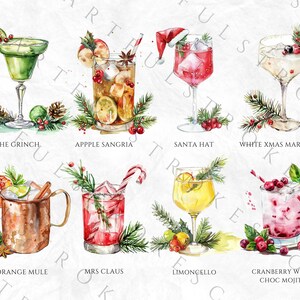 May include: Watercolor illustration of 10 Christmas-themed cocktails with festive garnishes and names. The cocktails include The Grinch, Apple Sangria, Santa Hat, White Xmas Margarita, Orange Mule, Mrs. Claus, Limoncello, Cranberry White Choc Mojito.