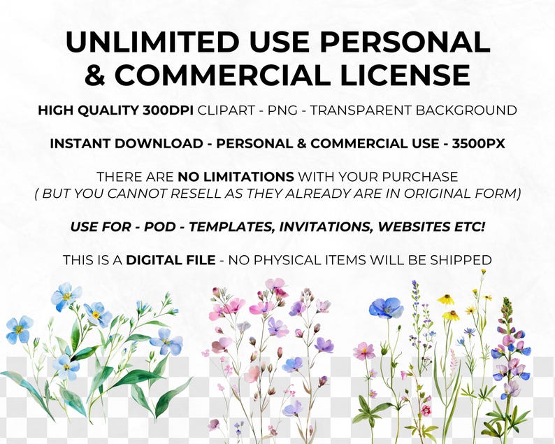 May include: A digital download of watercolor clipart featuring three different types of flowers: blue forget-me-nots, pink and purple wildflowers, and a mix of blue, purple, and yellow wildflowers. The flowers are on a transparent background and are 3500 pixels in size.