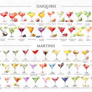 Puede incluir: Una ilustraci&oacute;n de acuarela de 40 c&oacute;cteles diferentes, incluyendo daiquiris y martinis. Cada c&oacute;ctel se representa en una copa de martini con una variedad de frutas y guarniciones. Los nombres de cada c&oacute;ctel se enumeran debajo de la imagen.