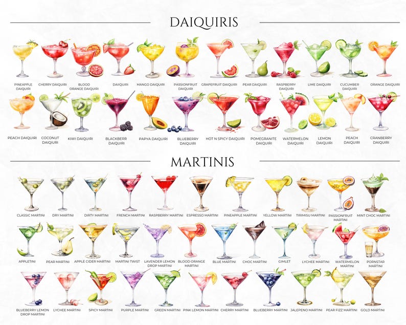 Puede incluir: Una ilustraci&oacute;n de acuarela de 40 c&oacute;cteles diferentes, incluyendo daiquiris y martinis. Cada c&oacute;ctel se representa en una copa de martini con una variedad de frutas y guarniciones. Los nombres de cada c&oacute;ctel se enumeran debajo de la imagen.