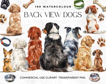 水彩画の犬のクリップアート、後ろ姿の犬の PNG、犬種、ダックスフント、フレンチブルドッグ、ゴールデンレトリバー、スパニエル、セントバーナード、商用利用
