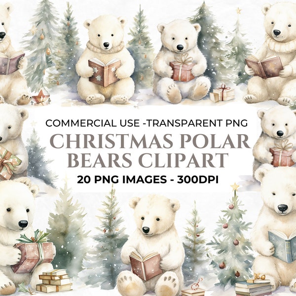 20 Polar Bears PNG, Watercolour Christmas Clipart, Elements for Christmas Crafts, Holiday Clipart, Card Making Clipart, Commercial Use