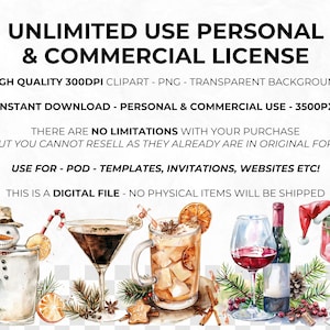 May include: A digital illustration of a set of watercolor winter holiday drink clipart. The set includes a snowman, a glass of milk, a martini glass, a glass of wine, a glass of hot chocolate, and a bottle of wine. The clipart is perfect for creating holiday cards, invitations, and other festive projects.