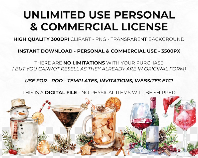 May include: A digital illustration of a set of watercolor winter holiday drink clipart. The set includes a snowman, a glass of milk, a martini glass, a glass of wine, a glass of hot chocolate, and a bottle of wine. The clipart is perfect for creating holiday cards, invitations, and other festive projects.