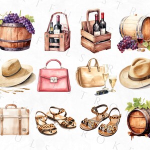 K&ouml;nnte beinhalten: Aquarell-Illustration verschiedener Gegenst&auml;nde, darunter Weinf&auml;sser, Weinflaschen, Trauben, H&uuml;te, Handtaschen, Koffer und Sandalen. Die Gegenst&auml;nde sind in einem Raster auf wei&szlig;em Hintergrund angeordnet.