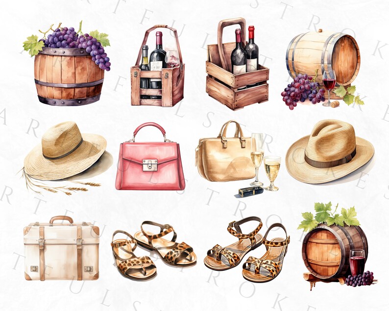 K&ouml;nnte beinhalten: Aquarell-Illustration verschiedener Gegenst&auml;nde, darunter Weinf&auml;sser, Weinflaschen, Trauben, H&uuml;te, Handtaschen, Koffer und Sandalen. Die Gegenst&auml;nde sind in einem Raster auf wei&szlig;em Hintergrund angeordnet.