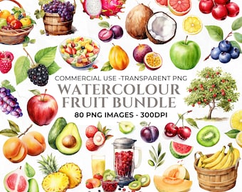 80 Watercolour Fruit Clipart, Lemon Clipart, Food PNG, Menu Clipart, Summer Fruits PNG, Tropical Fruit, Junk Journal PNG, Commercial Use