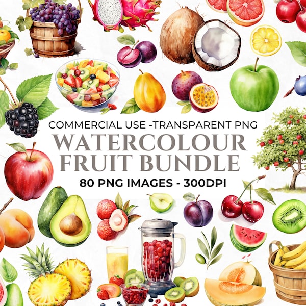 80 Watercolour Fruit Clipart, Lemon Clipart, Food PNG, Menu Clipart, Summer Fruits PNG, Tropical Fruit, Junk Journal PNG, Commercial Use
