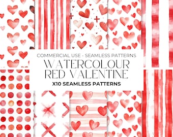 Watercolour Valentines Seamless Pattern, Red and White hearts, Digital Papers, Repeating Pattern, Stripes, Love Seamless Paper, Commercial