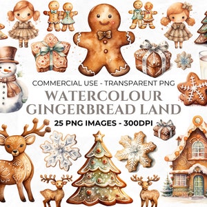 25 imágenes prediseñadas de pan de jengibre, galleta de jengibre de acuarela PNG, paquete de galletas de Navidad, imágenes prediseñadas PNG, uso comercial, descarga instantánea
