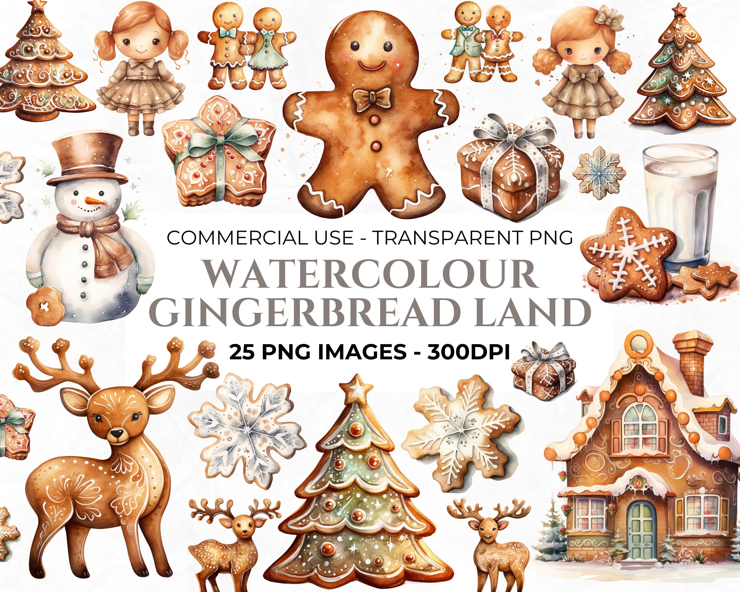 25 Gingerbread Clipart, Watercolour Gingerbread Cookie PNG, Christmas Cookie Bundle, Clipart PNG, Commercial Use, Instant Download