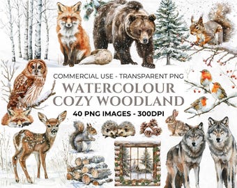 May include: Watercolor illustrations of woodland animals including a fox, bear, owl, squirrel, deer, rabbit, and wolves. The image includes text that reads "WATERCOLOUR COZY WOODLAND" and "40 PNG IMAGES - 300DPI". The artwork has a winter theme.