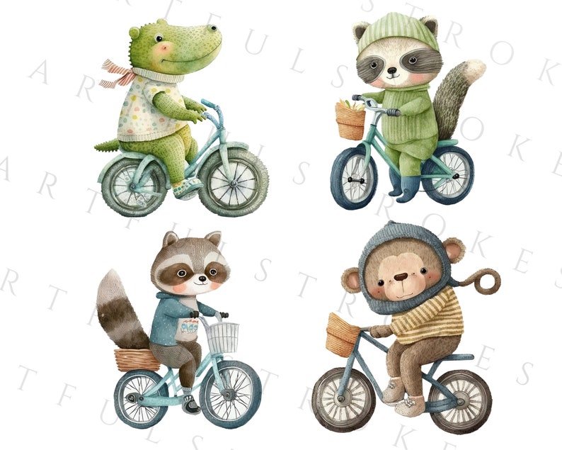 以下が含まれることがあります： 自転車に乗っている動物のウォーターカラーイラストが4つ。緑色のワニ、青いセーターを着たアライグマ、緑色のセーターを着たアライグマ、ストライプのセーターを着たサル。