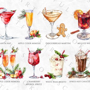 May include: Watercolor illustration of ten different Christmas cocktails, including Santa Hat, Apple Cider Mimosa, Gingerbread Martini, Mulled Wine, Cranberry Aperol Spritz, White Xmas Mojito, Spiked Hot Chocolate, and two variations of Apple Cider Mimosa.
