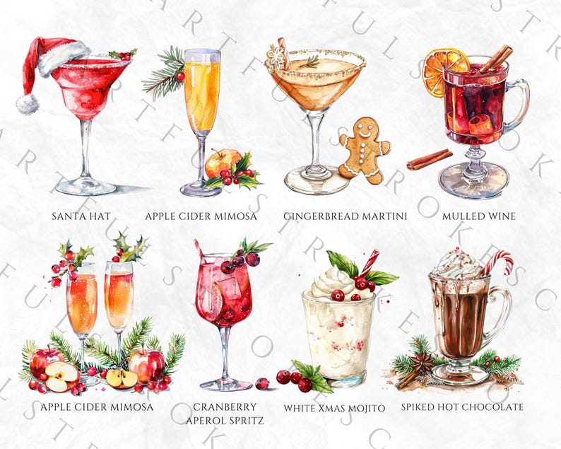 May include: Watercolor illustration of ten different Christmas cocktails, including Santa Hat, Apple Cider Mimosa, Gingerbread Martini, Mulled Wine, Cranberry Aperol Spritz, White Xmas Mojito, Spiked Hot Chocolate, and two variations of Apple Cider Mimosa.