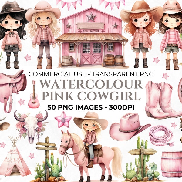 60 Watercolour Cute Cowgirl Clipart, Pink Wild West Bundle, Baby Girl, Cowgirl Nursery Clipart, Western Clipart, Commercial Use Images