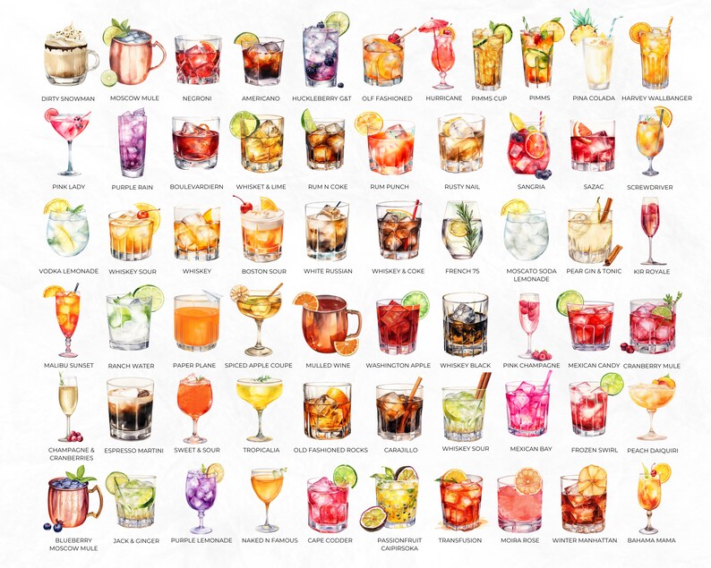 600 Watercolour Cocktail Clipart, Signature Cocktail, Alcohol Illustrations, Non Alcoholic Drinks, Beers Clipart, Beverage Clipart image 5