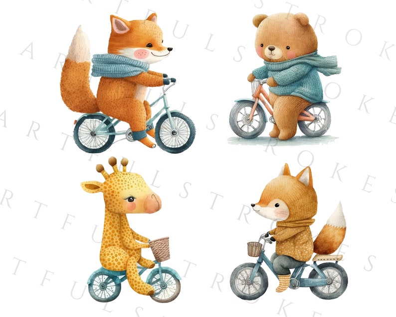 以下が含まれることがあります： 自転車に乗っている動物のウォーターカラーイラストが4つあります。青いスカーフをしたキツネが青い自転車に乗っています。青いスカーフをした茶色のクマが青い自転車に乗っています。キリンが青い自転車に乗っています。オレンジ色のセーターを着たキツネが青い自転車に乗っています。