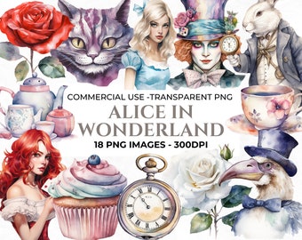 18 水彩画の不思議の国のアリス クリップアート、アリスの冒険、マッド ハッター ティー パーティー、透明 PNG、商用利用、即時ダウンロード