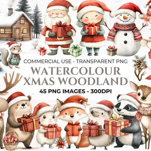 Clipart natalizia del bosco ad acquerello, simpatici animali della foresta, cuccioli del bosco, animali con cappelli da Babbo Natale, cervi, volpi, orsi, ricci, uso commerciale