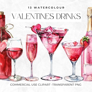 Clipart di bevande di San Valentino, Cocktail, Martini, Fragola, Cocktail di San Valentino, Bicchiere da champagne, Bottiglia di vino, Acquerello, Uso commerciale