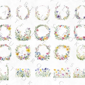 May include: Set of 20 watercolor floral wreaths and borders. The wreaths are made of various flowers in shades of pink, purple, yellow, and blue. The borders are made of wildflowers in shades of blue, purple, and yellow.