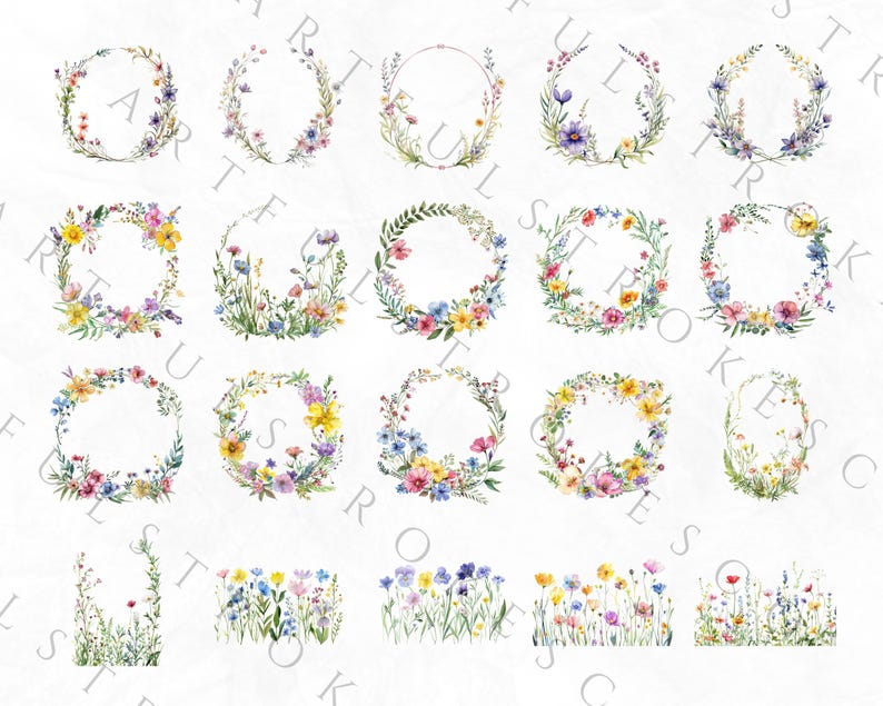 May include: Set of 20 watercolor floral wreaths and borders. The wreaths are made of various flowers in shades of pink, purple, yellow, and blue. The borders are made of wildflowers in shades of blue, purple, and yellow.