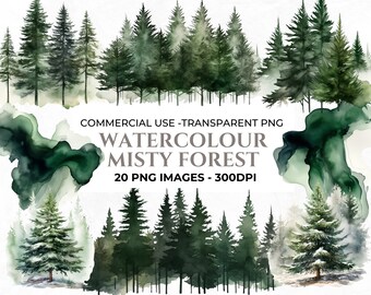 20 Green Forest Clipart, Elements for Wedding Invitations, Watercolour Trees, Forest PNG, Woodland Clipart, Misty Forest, Commercial Use