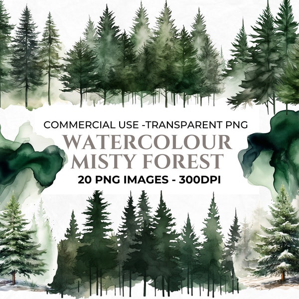 20 Green Forest Clipart, Elements for Wedding Invitations, Watercolour Trees, Forest PNG, Woodland Clipart, Misty Forest, Commercial Use