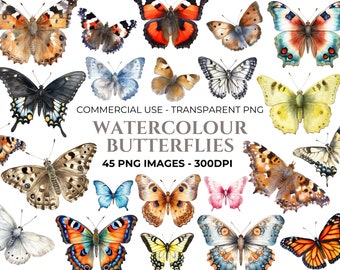 May include: A collection of 45 watercolor butterfly illustrations in various colors and patterns. The butterflies are isolated on a white background and are perfect for digital scrapbooking, card making, and other creative projects.  COMMERCIAL USE - TRANSPARENT PNG 45 PNG IMAGES - 300DPI