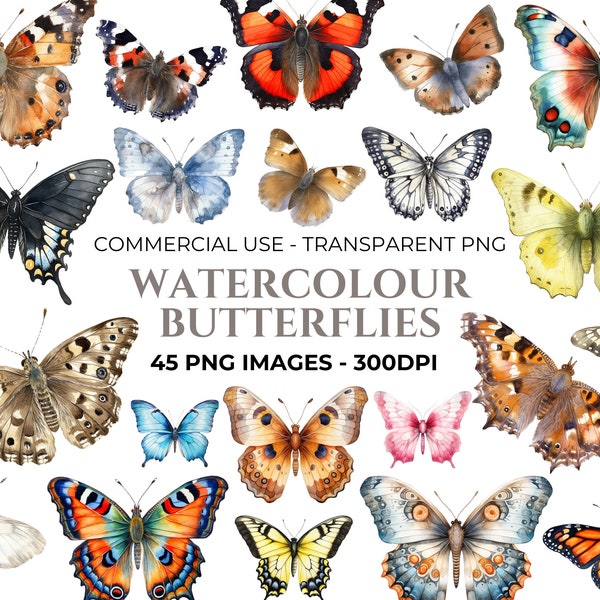 45 Watercolour Butterfly Clipart, Watercolour Butterfly PNG, Butterfly Art, Transparent Butterflies Bundle, Commercial Use, Instant Download