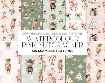 Watercolour Christmas Nutcracker Seamless Pattern, Christmas Tree, Digital Papers, Repeating Pattern, Pink Seamless Paper PNG, Commercial