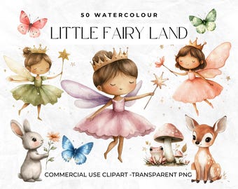 May include: Watercolor illustration titled "Little Fairy Land" featuring fairies, butterflies, a bunny, a deer, and a frog. The fairies wear crowns and dresses in shades of pink and green. The image includes the text "50 Watercolour" and "Commercial Use Clipart - Transparent PNG."