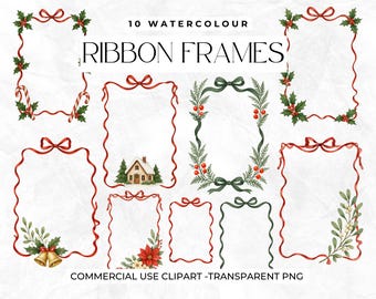 May include: Watercolor illustrations of 10 ribbon frames with holiday-themed decorations. The frames are in red and green, with holly, berries, and bells. Text reads "10 WATERCOLOUR RIBBON FRAMES" and "COMMERCIAL USE CLIPART -TRANSPARENT PNG".
