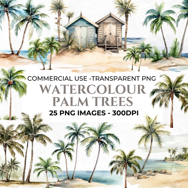 25 Palm Trees Clipart, Elements for Wedding Invitations, Destination Wedding Clipart, Watercolour Palm Trees, Beach PNG, Commercial Use